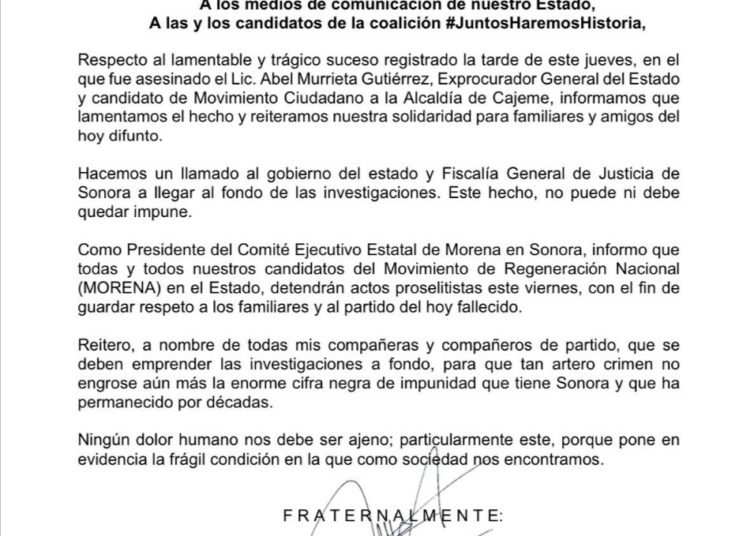Candidatos y dirigencia de Morena condenan asesinato de Abel Murrieta
