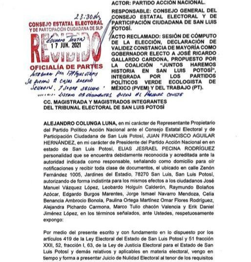 Coalición Sí por San Luis Potosí solicita nulidad de elección a gobernador