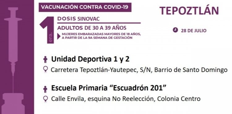 Alistan vacunación a personas de 30 a 39 años en Tepoztlán, Yecapixtla, Yautepec y Tlayacapan