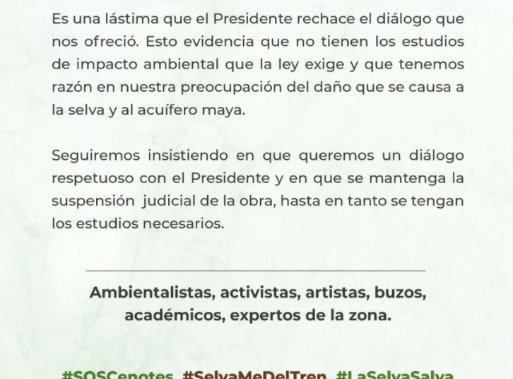 Cancelan reunión entre artistas y López Obrador sobre el Tren Maya