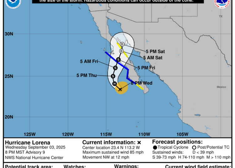 Huracán Lorena provoca lluvias intensas y daños en varios municipios de Baja California Sur