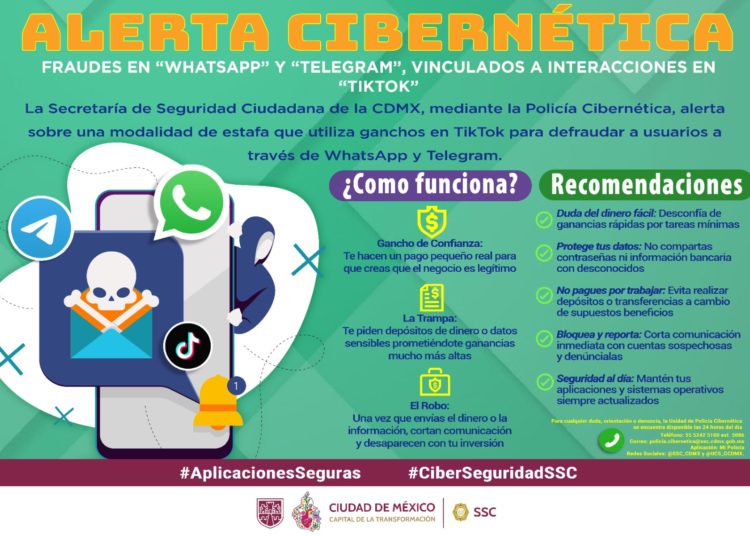 Policía Cibernética alerta por fraudes digitales que prometen pagos ligados a TikTok